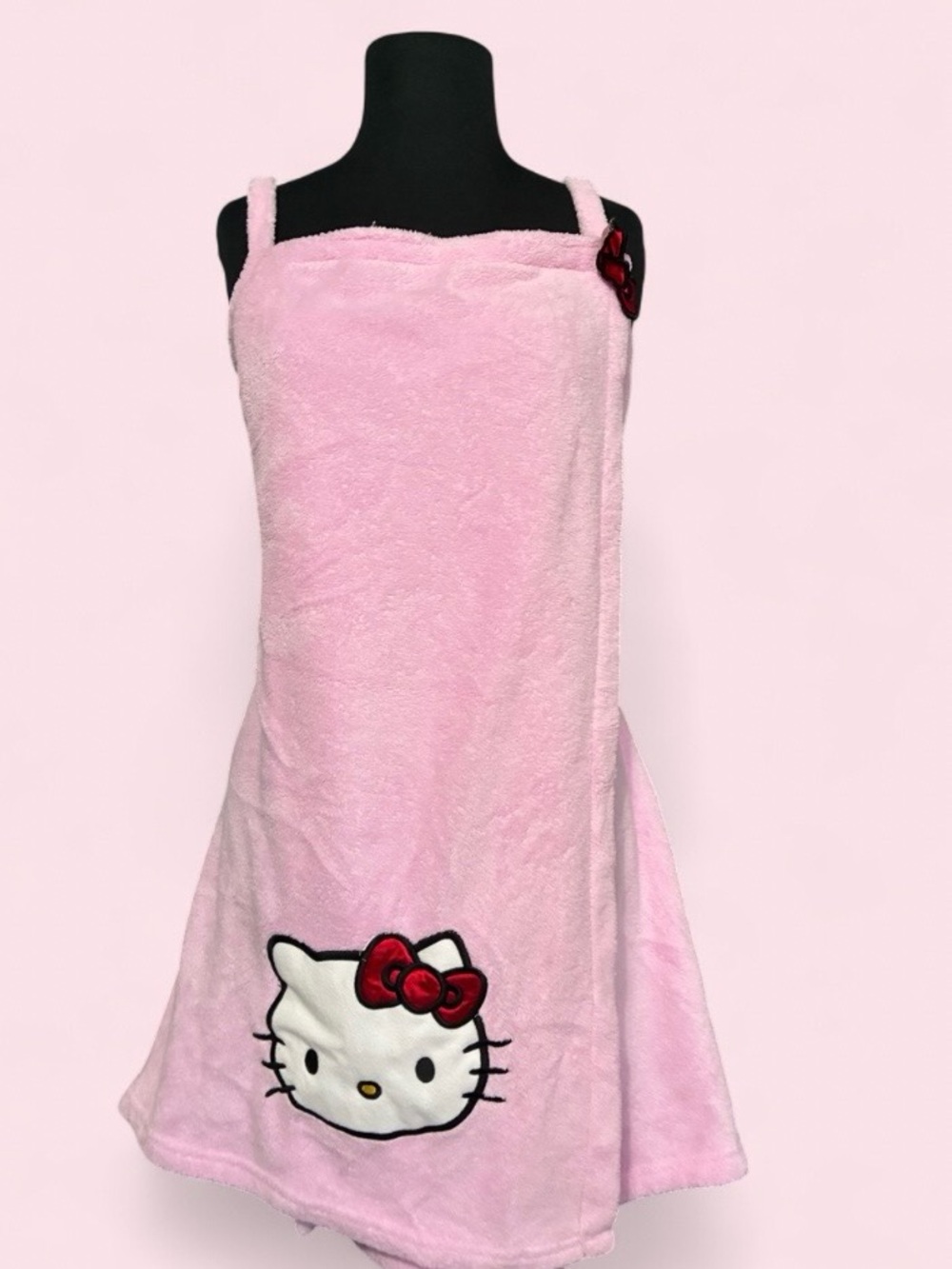 Hello Kitty Pink Plush Bath Wrap Dress with Red Bow Applique